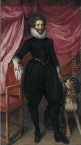 Portrait Of A Nobleman, Full
Length, In Black Doublet And Hose With A White Ruff, Holding A Lace
Handkerchief In His Right Hand, His Hound At His Side by Frans Pourbus the younger