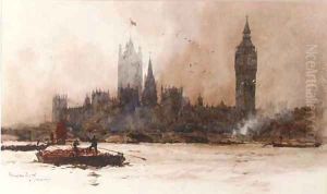 The Houses of Parliament, from the river Thames by Charles Edward Dixon