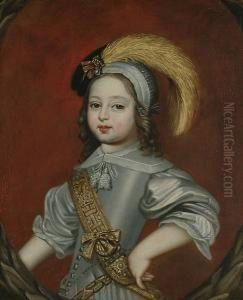 Portrait Of A Young Boy,
Half-length, In Silver Robes And A Plumed Hat, In A Painted Cartouche by Frans Pourbus the younger