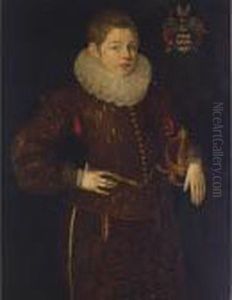 A Portrait Of Othon D'arckel, 
Aged 10, Standing Three-quarter Length, Wearing A Red Suit With A White 
Lace Collar, Holding A Sword