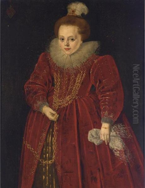 A Portrait Of Catherine
D'arckel, Aged 8, Standing Three-quarter Length, Wearing A Red Dress
With A White Lace Collar, A Feather Bonnet And A Golden Chain, Holding A
White Handkerchief In Her Left Hand - view 1