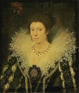 A Portrait Of Marie D'enghien De
 Kestergat, Lady D'eyseringhem (died 1649), Bust Length, Wearing A Black
 And White Satin Dress Decorated With Pearls, Together With An Elaborate
 Lace Collar, A Headdress, A Golden Necklace And Earrings