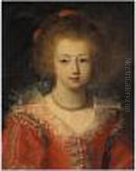 Portrait Of A Young Girl, Half Length, Wearing A Red Embroidered Dress And A White Ruff - view 1