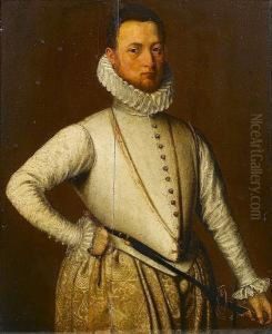 Portrait Of A Gentleman,
Standing, Three-quarter-length, In A White Doublet And Gold Brocade Hose Portrait Of A Gentleman,
Standing, Three-quarter-length, In A White Doublet And Gold Brocade Hose