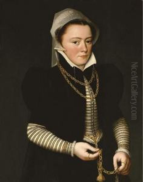 Portrait Of A Lady, 
Three-quarter Length, Wearing A Striped Bodice And Black Coat, Holding A
 Pomander On A Gold Chain - view 1