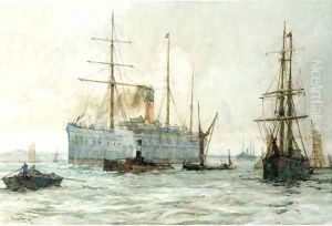 A steamer of the Castle Line on the Thames by Charles Edward Dixon