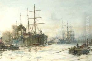 A busy day in the Pool of London by Charles Edward Dixon