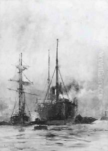 A steamer and other shipping in the Lower Pool by Charles Edward Dixon
