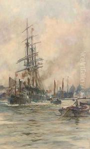 A three-master being towed down river on the tide, with a New York-bound steamer also in the river by Charles Edward Dixon