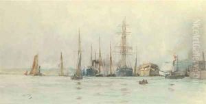 Hulks and other shipping moored at a wharf by Charles Edward Dixon