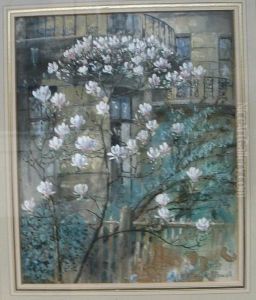 A Magnolia Bush In Flower, A Building Beyond
