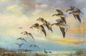 William E. Powell . Ducks Preparing To Land And Ducks Taking Flight by William E. Powell