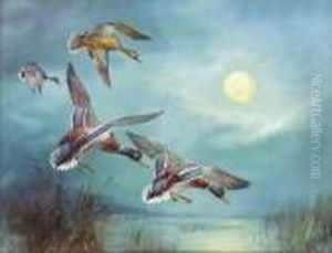 Mallards Landing By Moonlight by William E. Powell