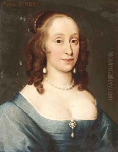 Portrait of Anne L. Somers, bust-length, in a blue dress and pearls by Davis, Theodore Russell