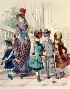 Mother and children in indoor costume French fashion plate by Jules David