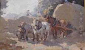 Hay Carting Oil On Board Signed Lower Left 35 By 55.5 Cm
