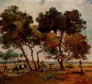 "paisaje Con Vacas Y Campesinos". by Emilio Poy Dalmau