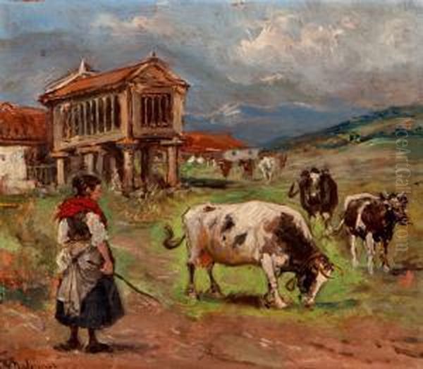 Paisaje Con Horreo, Vacas Y Campesina - view 1