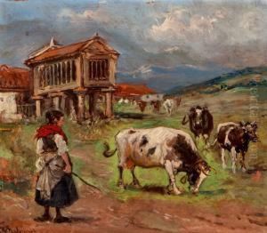 Paisaje Con Horreo, Vacas Y Campesina Paisaje Con Horreo, Vacas Y Campesina