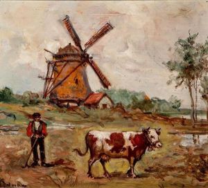 Paisaje Con Molino, Vaca Y Vaquero