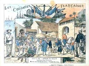 School book cover depicting scenes in the French colonies of Senegal and Sudan by G. Dascher