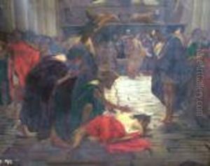 Follower Of Edward John Poynter- Figures In A Classical Temple by Sir Edward John Poynter
