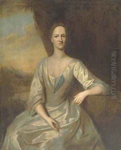 Portrait of Leonora Frederick, Mrs Romney Diggle, three-quarter-length, seated, in a white dress, her left arm resting on a plinth