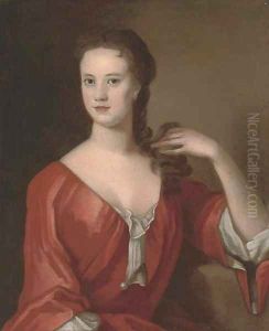 Portrait of a lady, seated half-length, in a red dress, her left arm resting on a ledge