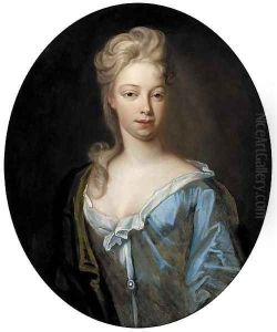 Portrait of a lady, quarter-length, in a blue dress and green wrap by Michael Dahl