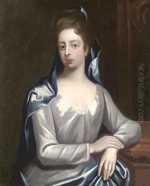 Portrait of Elizabeth Hervey, Countess of Bristol (D.1741), half-length, in a white dress and blue wrap, resting her arm on a plinth - view 1