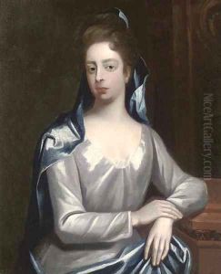 Portrait of Elizabeth Hervey, Countess of Bristol (D.1741), half-length, in a white dress and blue wrap, resting her arm on a plinth