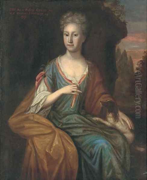 Portrait of Grace Rawson, seated three-quarter-length, in a blue dress, a dog on her knee - view 1