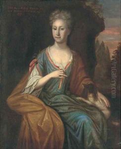 Portrait of Grace Rawson, seated three-quarter-length, in a blue dress, a dog on her knee by Michael Dahl
