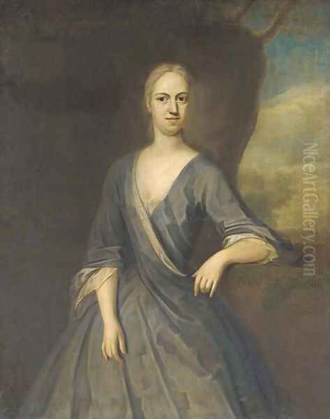 Portrait of Mary Frederick, Mrs Powell, three-quarter-length, in a blue dress, her left arm on a plinth, with a landscape beyond - view 1