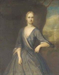 Portrait of Mary Frederick, Mrs Powell, three-quarter-length, in a blue dress, her left arm on a plinth, with a landscape beyond
