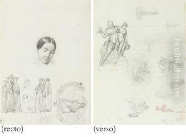 The Head Of A Young Woman,
Studies For The Infant Herculesstrangling Snakes And For A Virgin And
Child (recto); Studies Forsculpture And Of A Sword (verso) - view 1