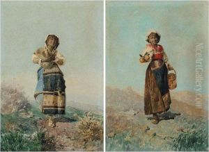 Ninas Napolitanas (neapolitan Girls), A Pair by Francisco Pradilla y Ortiz