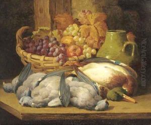 Dead game, grapes and apples in a wicker basket by William Duffield