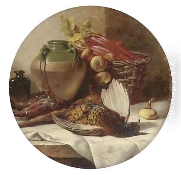 A pheasant, onions, rhubarb in a basket - view 1
