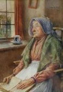 An Elderly Woman Reading, A Cup Of Tea Nearby by Claude Pratt