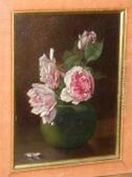 Pink Roses In A Green Vase, Signed And Dated 'claude Pratt 1908', Oil On Panel - view 1