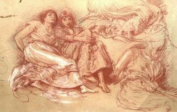 Composite Studies Of Two Seated
Draped Females , Two Heads ; Red And White Chalk On Buff Paper, In A
Double Sided Glazed Frame, 35.5x53cm - view 1