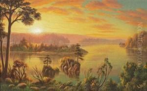 American, - Lake At Sunsetinitialed Lwp And L.w. Prentice On The R by Levi Wells Prentice