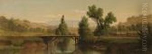 Expansive Landscape With Bridge And Distant Church Steeple And Mountain