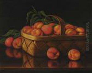 Basket Of Peaches On A Tabletop by Levi Wells Prentice