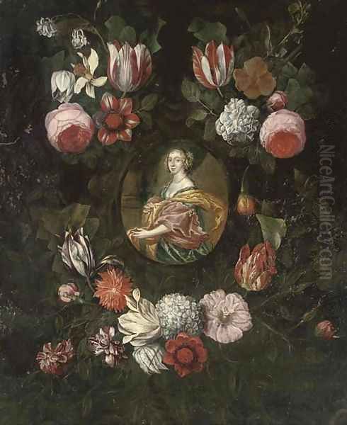 Portrait of a lady, half-length in a blue dress with a gold and pink wrap, surrounded by a floral cartouche - view 1