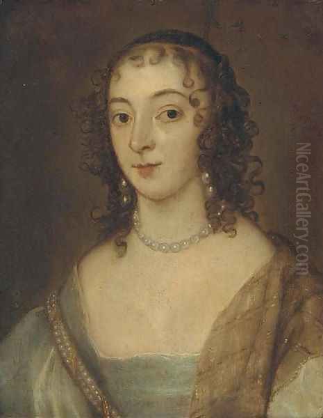 Portrait of a lady, small quarter-length, in a blue dress and pearl necklace - view 1