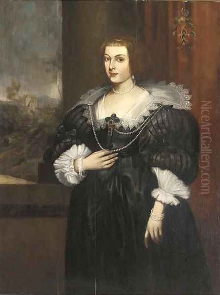 Portrait of a lady, three-quarter-length, in a black silk dress with a white lace collar and a pearl necklace with a crucifix - view 1