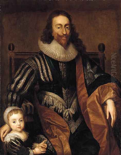 Portrait of Charles I, seated, three-quarter-length, and James II as a youth nearby - view 1