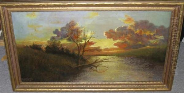 River Landscape At Sunset - view 1